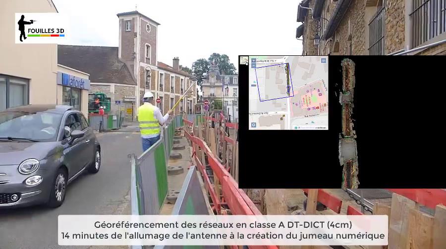 Un chef de chantier géoréférence des réseaux en précision centimétrique avec FOUILLES 3D. Le nuage de points de la fouille est incrusté dans l'image.