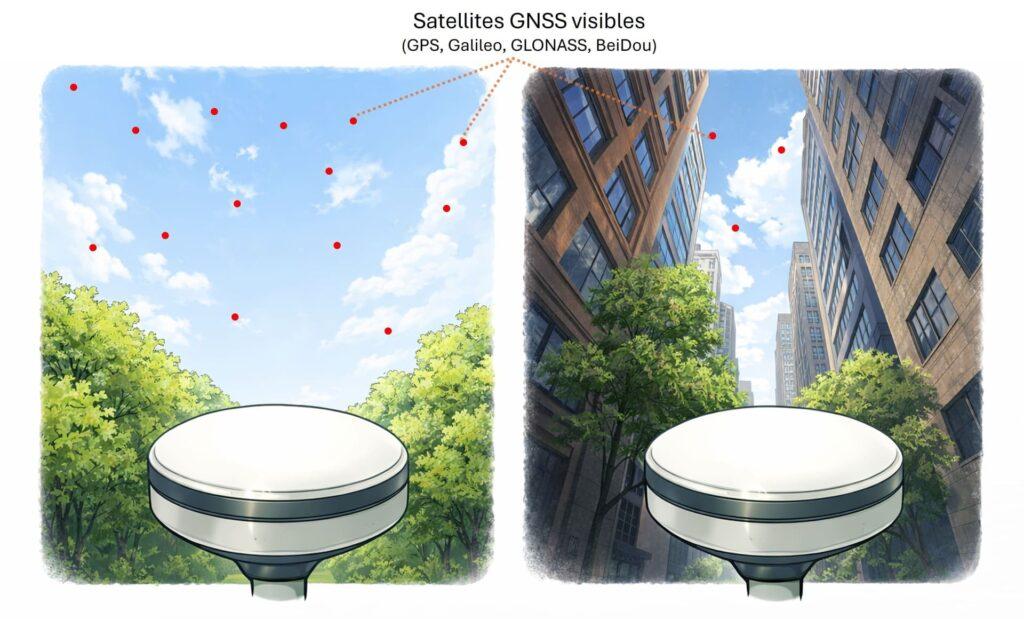 Situation de canyon urbain, comparatif vue dégagée et vue avec masque